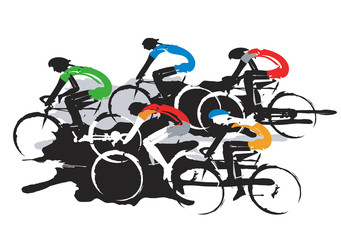 Naklejka premium Road cycling racers. Expressive stylized drawing of road cyclists, imitating drawing ink and brush. Vector available. 