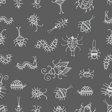 Seamless pattern with cute cartoon beetles on  gray background. Various insects and bugs. Vector contour image. Doodle style.