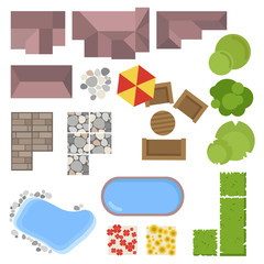 Landscape elements, top view. House, garden, tree, lake,swimming pools, bench, table. Landscaping symbols set isolated on white