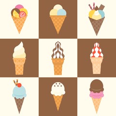 set of ice cream cone and topping, soft serve ice cream icon, flat design