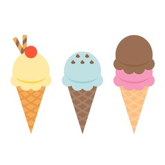 Ice cream cone waffle with topping, flat design vector