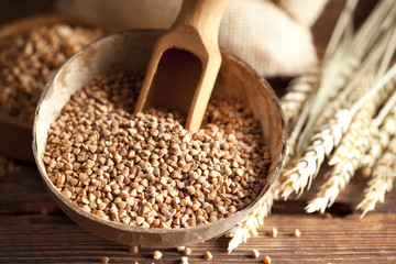 Buckwheat in wooden bowl