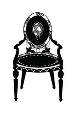 Vintage Classic chair in rounded shape with rich ornaments and upholstery pattern. Vector sketch