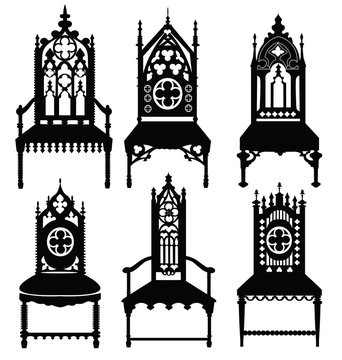 Gothic style chairs set with ornaments. Vector sketch