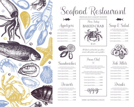 Decorative Seafood background. Vector restaurant or cafe menu design. Hand drawn sea food illustration. Vintage template