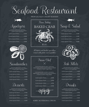 Decorative Seafood restaurant menu or flyer design. Vector menu template on chalkboard. Hand drawn sea food illustration. 
