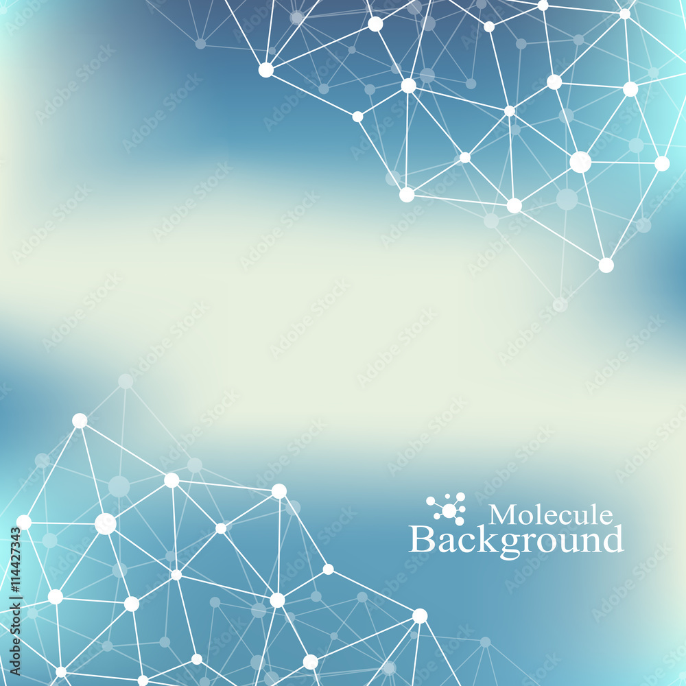 Poster Molecule and communication background of neurons and nervous system. Graphic background molecules atom dna. Geometric abstract with connected line and dots. Big data composition. Vector illustration.