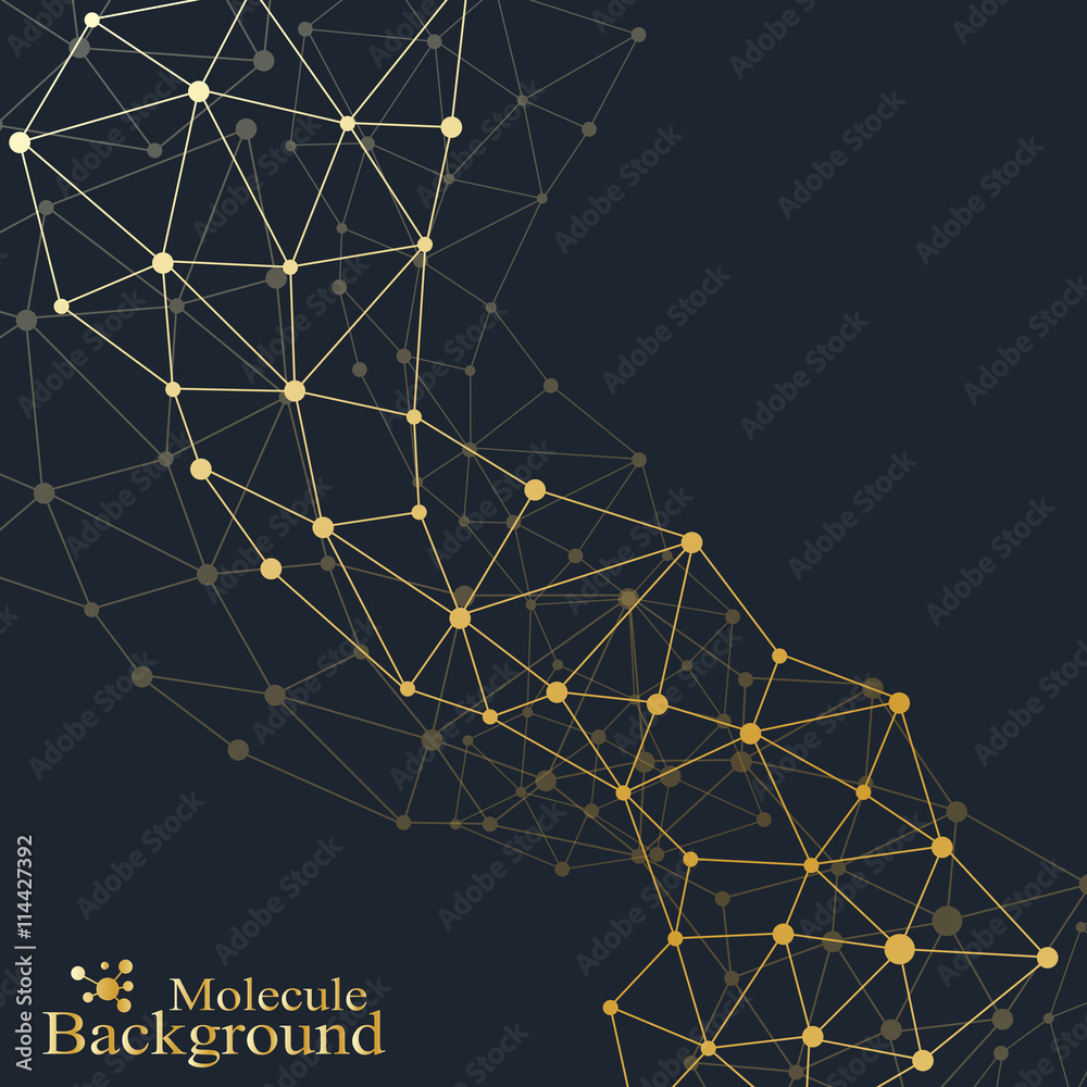 Poster Golden molecule. Molecule and communication background of neurons and nervous system. Graphic background molecules atom dna. Vector illustration.