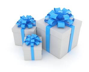 three gift boxes with bows isolated on white. 3d rendering.