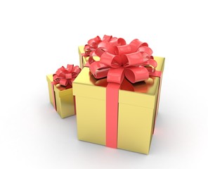 three gift boxes with bows isolated on white. 3d rendering.