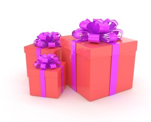 three gift boxes with bows isolated on white. 3d rendering.