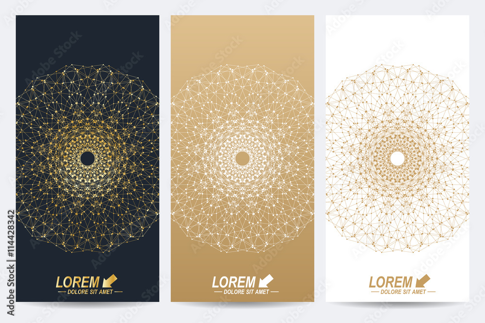 Poster Modern set of vector flyers. Molecule and communication background. Geometric abstract golden package. Connected line with dots. Golden design in trendy linear style.