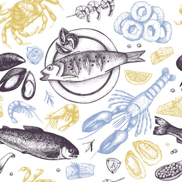 Vector Seamless Seafood background. Hand drawn sea food illustration - fresh fish, lobster, crab, oyster, mussel, squid and spice. Vintage fish dishes pattern.