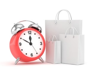 alarm clock and shopping bag (time to buy concept). 3d rendering.