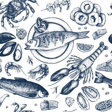 Vector Seamless Seafood background. Hand drawn sea food illustration - fresh fish, lobster, crab, oyster, mussel, squid and spice. Vintage fish dishes pattern.