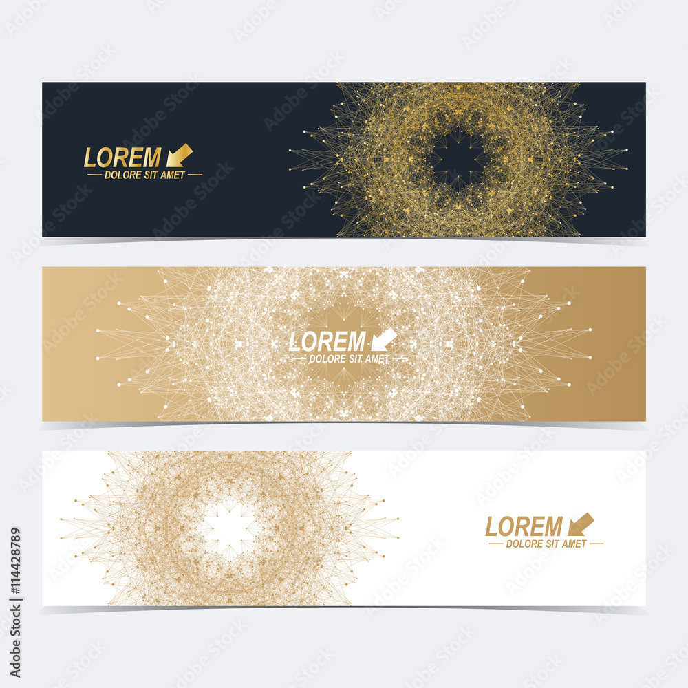 Poster Geometric abstract banners with golden mandala. Molecule and communication background for website templates. Geometric abstract background with connected line and dots. Vector illustration.
