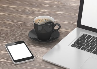 Laptop smartphone and coffee cup on wood. 3d rendering.