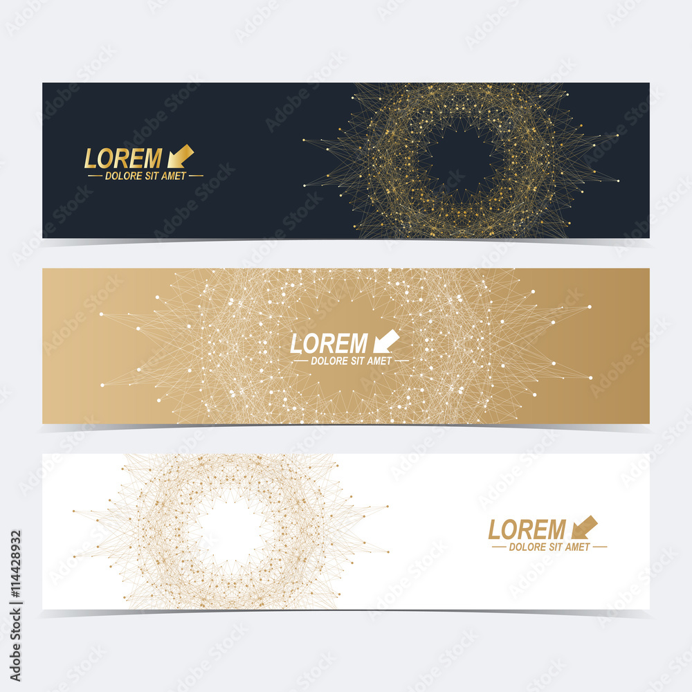 Poster Geometric abstract banners with golden mandala. Molecule and communication background for website templates. Geometric abstract background with connected line and dots. Vector illustration.