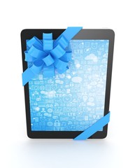 Black tablet with blue bow and blue screen. 3D rendering.