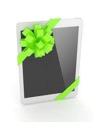 White tablet with green bow. 3D rendering.