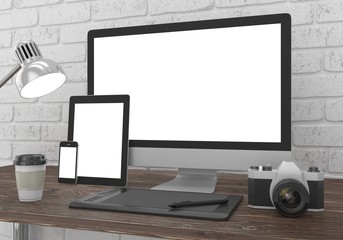 Fototapeta premium Responsive mockup screen. Monitor, tablet, phone on table in office. 3d rendering.