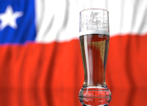a glass of beer in front a chilean flag. 3D illustration rendering.
