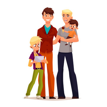 Family Gay Men With Children, Vector Illustration Comic Cartoon Isolated On A White Background, Gay Couple To Adopt Children Happy Family And A Free Gay Men, A Pair Of Men, Adoption Of Children