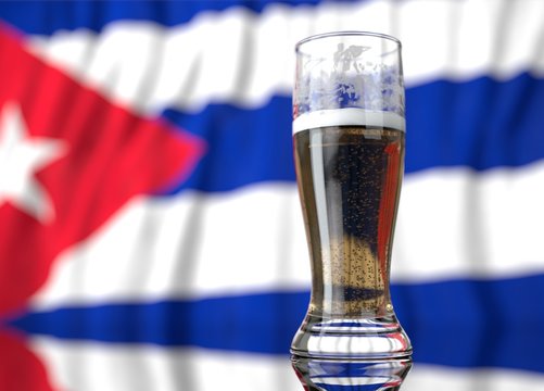a glass of beer in front a cuban flag. 3D illustration rendering.