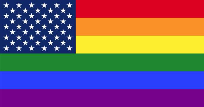 Gay America. LGBT pride flag with star field from US Flag. Gay pride flag, consisting of six rainbow colored stripes. Star field from the Flag of the United States with fifty stars on blue rectangle.