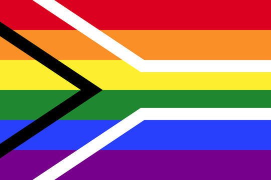 Gay pride flag of South Africa. Hybrid of LGBT rainbow flag and South African national flag. Gay pride symbol, aims to reflect freedom and diversity and build pride in being an LGBT South African.