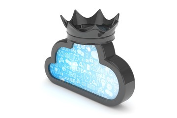 Isolated black cloud icon with crown on white background. Symbol of communication, network and technology. Broadband. Online database. 3D rendering.