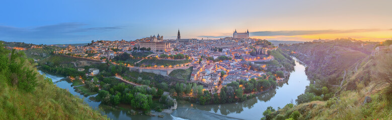 Panoramic view of ancient city and Alcazar on a hill over the Tagus River, Castilla la Mancha,...