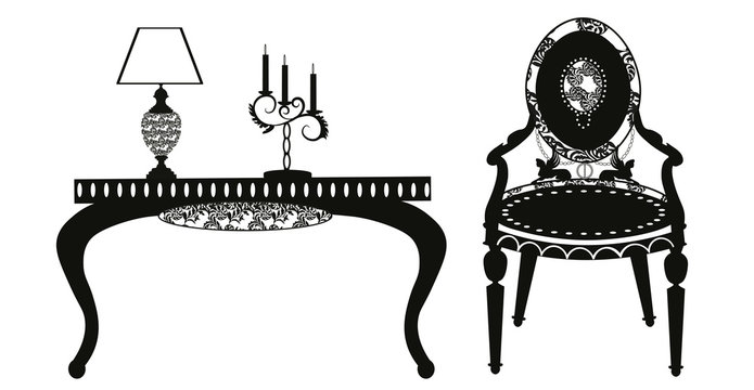 Vintage Classic Style furniture set. Armchair, table, lamp. Vector sketch