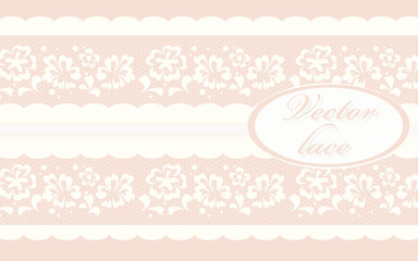 Invitation card with delicate crochet lace round ornament in rose quartz. Vector