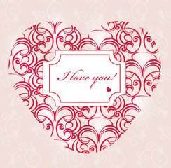 Happy valentines day card in shape of a heart with text. Pink Background With Ornaments, Hearts. Doodles and curls. I Love You text. Vector illustration