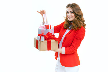 Joyful woman holding a box with gift