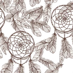 Wallpaper murals Dream catcher Seamless Monochrome Pattern With Dreamcatcher And Feathers