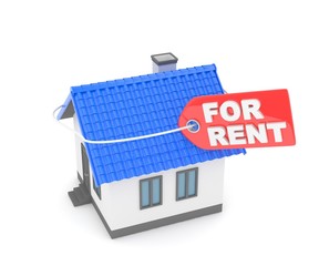 Miniature model of house real estate for rent label on white background. 3D rendering.