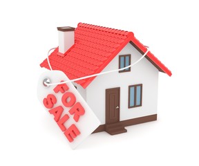 Miniature model of house real estate for sale label on white background. 3D rendering.