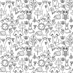 Forest animals, trees, leaves, flowers, mushrooms set. Doodle style seamless pattern. Bear, fox, owl, hedgehog illustration background.