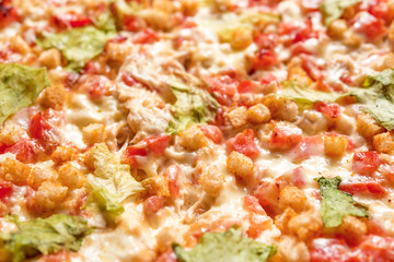 Isolated fresh pizza close up on white background. Italian cuisine. Hot, colorful and delicious pizza. Fast snack or healthy meal for dinner.