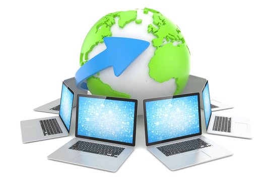 Laptop network around earth globe. 3d render