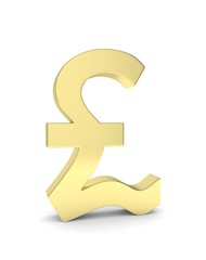 Isolated golden pound sign on white background. British currency. Concept of investment, european market, savings. Power, luxury and wealth. Great Britain, Nothern Ireland. 3D rendering.