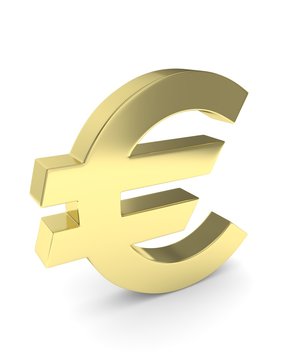 Isolated golden euro sign on white background. European currency. Concept of investment, european market, savings. Power, luxury and wealth. 3D rendering.