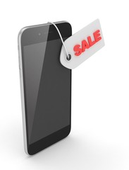 Smart phone with red sale label on white background. Best offer. Leader of sales. 3D rendering.