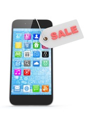 Smart phone with red sale label on white background. Best offer. Leader of sales. 3D rendering.