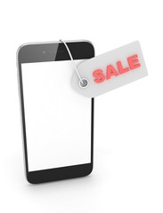 Smart phone with red sale label on white background. Best offer. Leader of sales. 3D rendering.