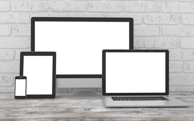 Responsive mockup screen. Monitor, laptop, tablet, phone on table in office. 3d rendering. - 114432731
