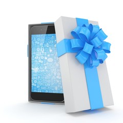 Smartphone in gift box. Isolated on white background. 3d rendering.