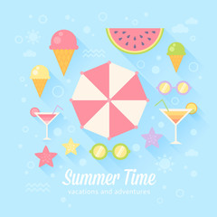 Summer card with flat vacation elements